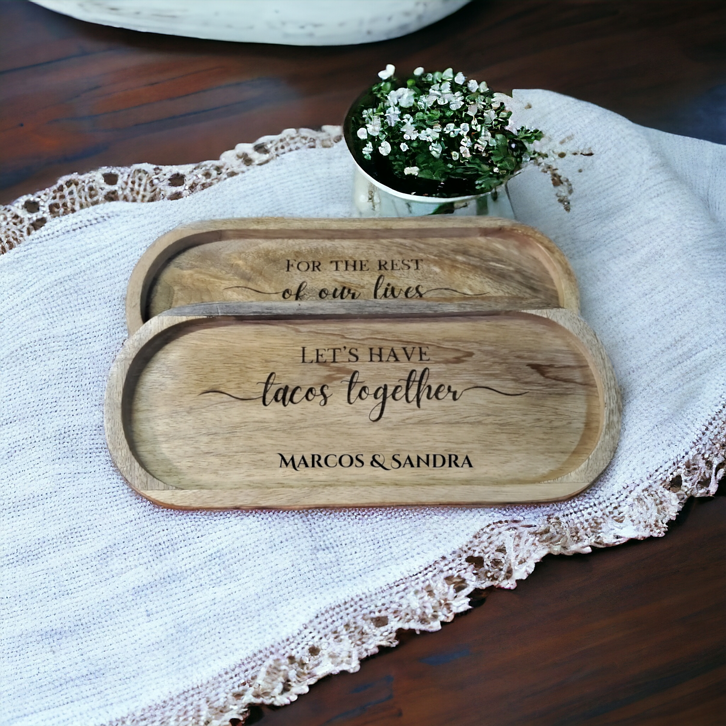 Personalized Mango Wood Trays, Set of 2- "Let's Have Tacos Together..."