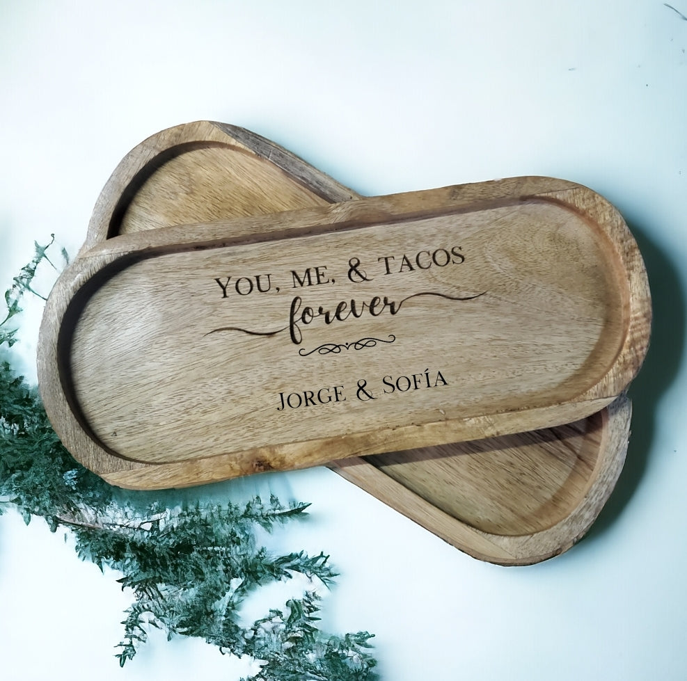 Personalized Mango Wood Trays, Set of 2- "Let's Have Tacos Together..."