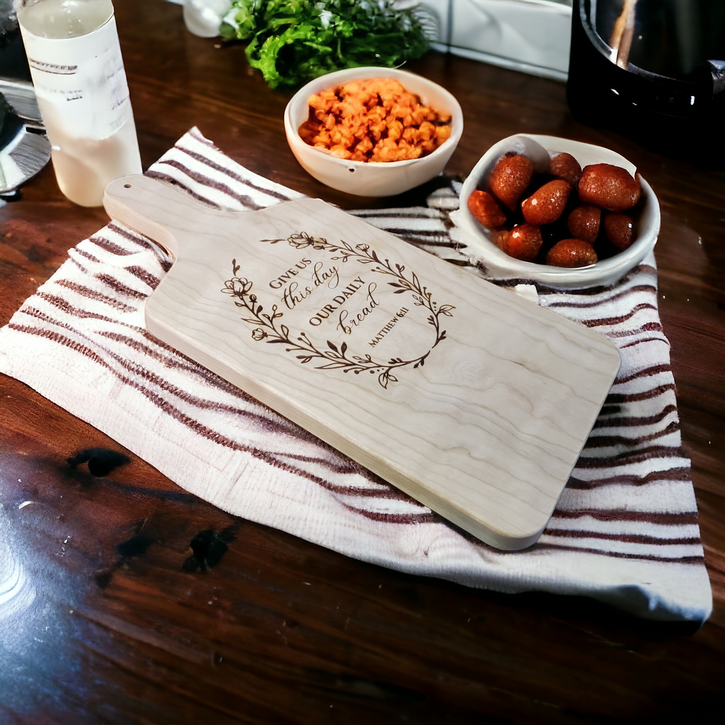 Personalized Maple Or Cherry Cutting Board With Bible Verse- "Give Us This Day Our Daily Bread"