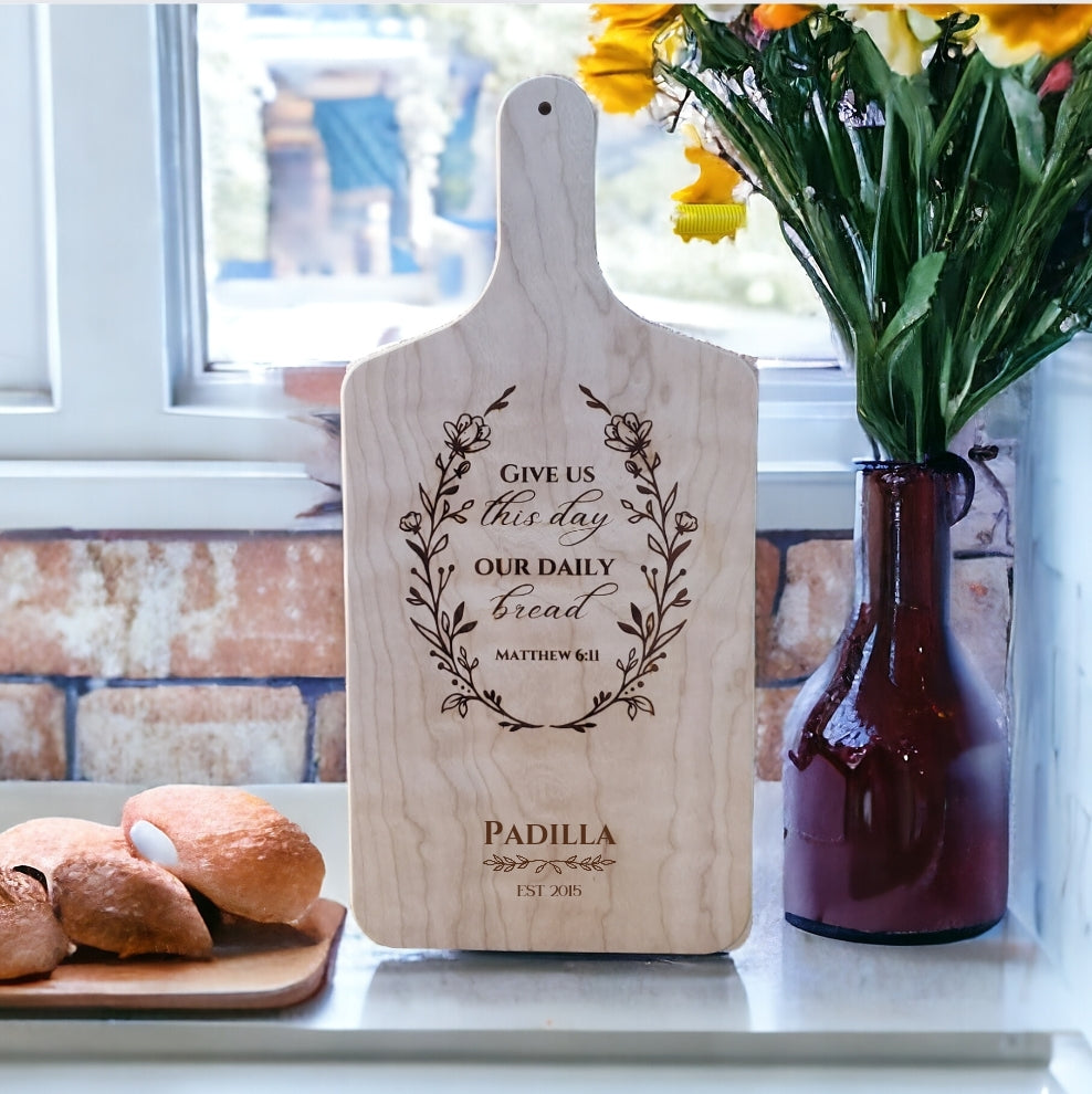Personalized Maple Or Cherry Cutting Board With Bible Verse- "Give Us This Day Our Daily Bread"