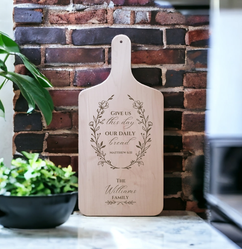Personalized Maple Or Cherry Cutting Board With Bible Verse- "Give Us This Day Our Daily Bread"