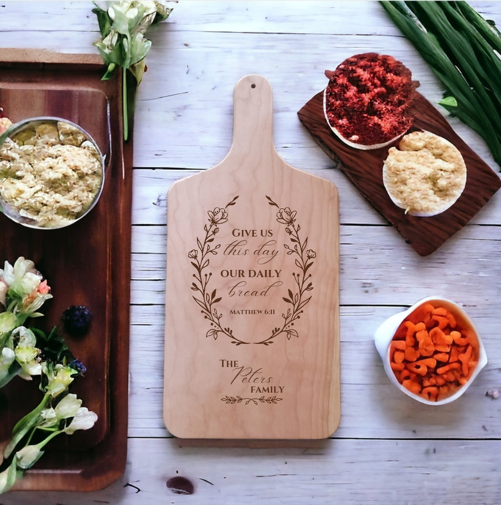Personalized Maple Or Cherry Cutting Board With Bible Verse- "Give Us This Day Our Daily Bread"
